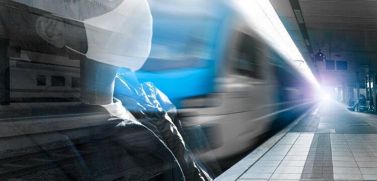 Empty Platform Train Bus Subway Public Station Transport Passenger Facemask People Tourist Stand Wait New Normal Social Distancing Safe Travel Wear Face Mask Protect From Covid Corona Virus