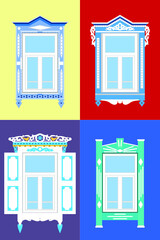 Window frames with Tatar ornament. Vector illustration in flat style. Folk rural architecture