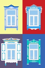 Window frames with Tatar ornament. Vector illustration in flat style. Folk rural architecture