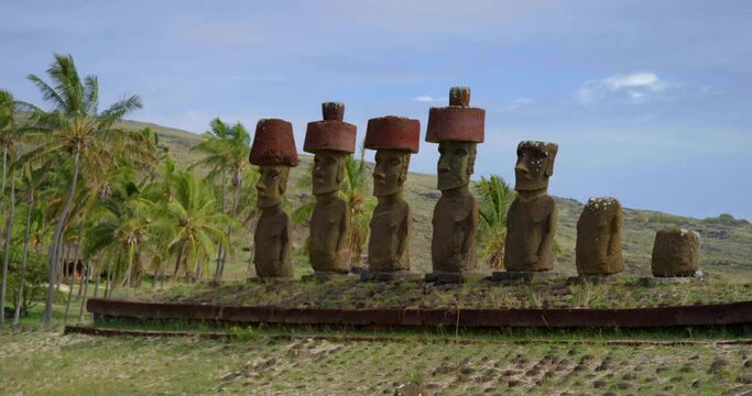 Pan right, row of Easter Island heads