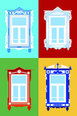 Window frames with Tatar ornament. Vector illustration in flat style. Folk rural architecture