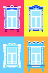 Window frames with Tatar ornament. Vector illustration in flat style. Folk rural architecture