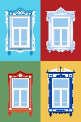 Window frames with Tatar ornament. Vector illustration in flat style. Folk rural architecture