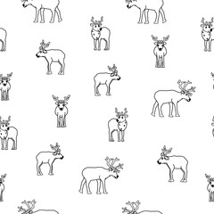 Obraz premium Black and white Deers and caribou seamless repeat pattern for colloring book