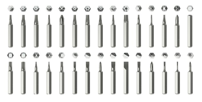 Set of screwdriver bits on white background.