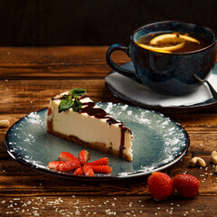 cheesecake drizzled with chocolate topping with strawberry slices and powdered sugar on a wooden background