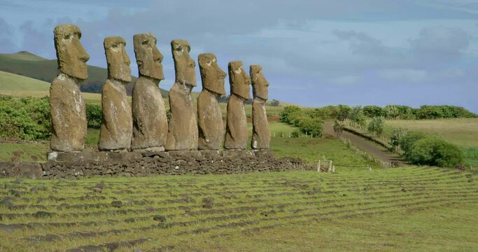 Row of Easter Island heads in Chile, low angle