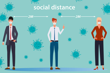 A group of masked people maintain a social distance.The safety precautions during an outbreak of the coronavirus and influenza.Flat vector illustration.