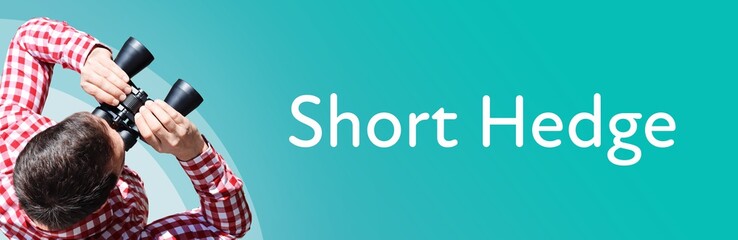 Fototapeta premium Short Hedge. Man observing with binoculars. Focus on text/word. Panorama format. Blue/turquoise background.
