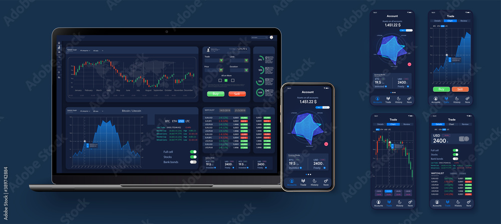 Poster trading candlestick chart on electronic devices vector illustration. stock exchange market graph, an