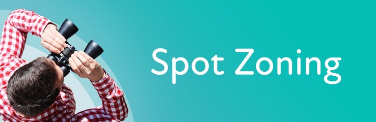 Naklejka premium Spot Zoning. Man observing with binoculars. Focus on text/word. Panorama format. Blue/turquoise background.