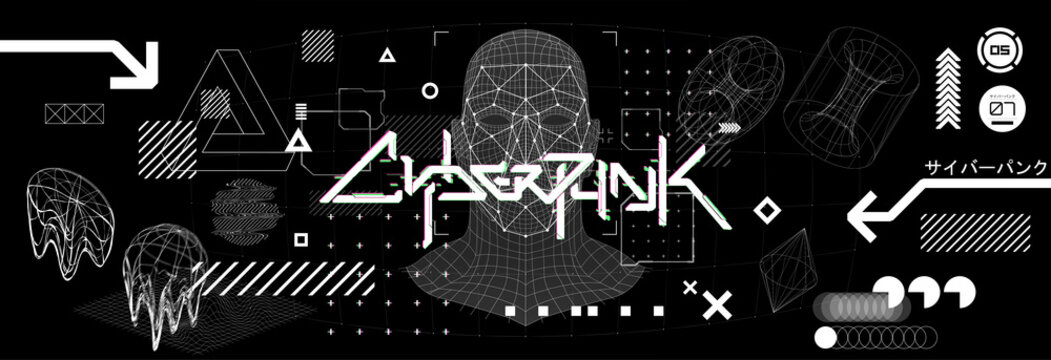 Ai hologram human head. Concept image VR and Artificial Intelligence with Hi-tech shapes. HUD, GUI, UI abstract universal elements. Cyberpunk concept. Ai system face recognition. Vector illustration