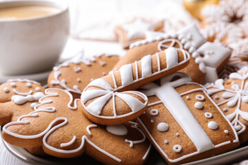 Delicious Christmas cookies on plate, closeup view