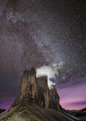 The Milky Way over the 'Tre Cime' peaks in the Italian Dolomites.