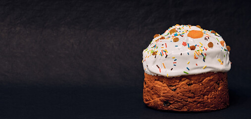 Christmas cake sprinkled with icing and decorated with dried apricots, raisins and topping. Panettone isolated on a dark background. Place for text.
