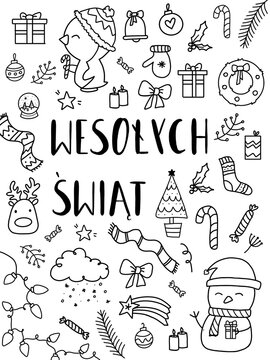 Kolorowanka z napisem wesołych świąt, zabawki i ozdoby choinkowe do kolorowania na Boże Narodzenie