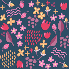 Hand draw flower and geometric elements pattern with daisy, tulip and wild strawberry in pink and violet tone for girls room or on baby fabric pattern.