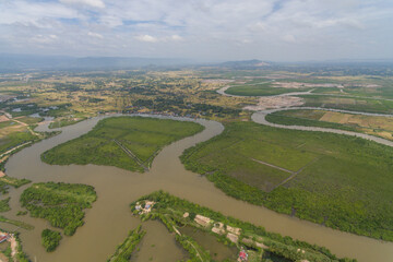 Fototapeta na wymiar Krong Kampot landscape, Praek Tuek Chhu River, Elephant Mountains in Kampot Cambodia Asia Aerial Drone Photo
