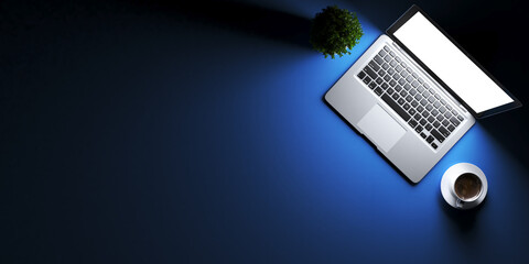 Top view of laptop concept with blue desk 3D rendering