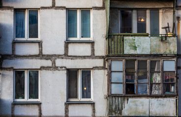 Fototapeta na wymiar Old Khrushchev Moscow. Historic houses in the center of Russia. Facade of a residential building. Sight.
