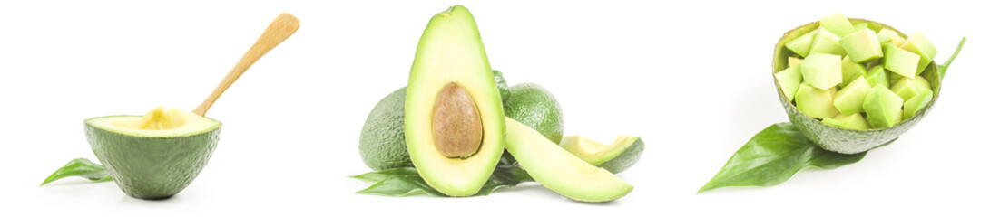 Collection of avocados on a white background. Clipping path