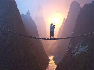 young couple on a bridge over a precipice