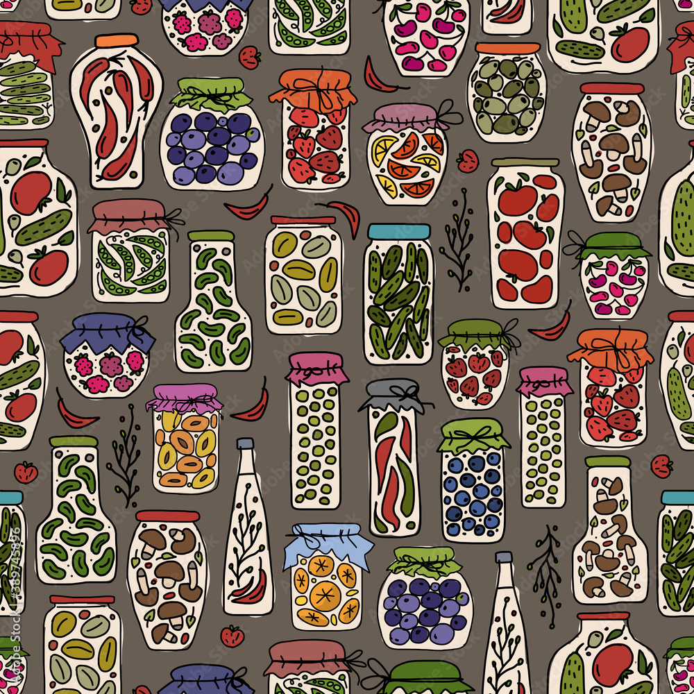 Poster seamless pattern with pickle jars fruits and vegetables