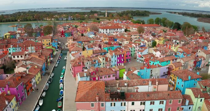 Aerial view of panorama of painted house facades of Burano island a province of Venice in Italy in a sunny day.