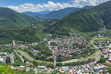 Aerial view of Borjomi, Georgia,famous for its mineral water.Picturesque Borjomi Gorge.Hiking in the Georgian nature.Green landscape,river valley,great outdoors.The Borjomi-Kharagauli National Park.