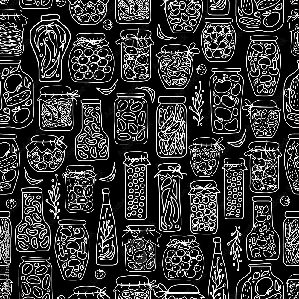 Poster seamless pattern with pickle jars fruits and vegetables
