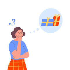 Young girl in doubt thinks about present. The girl is thinking about what gift to give for the New Year. Confused young girl with question marks. Vector colorful illustration in flat style.