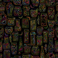 Naklejka premium Seamless pattern with pickle jars fruits and vegetables