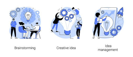 Creative thinking abstract concept vector illustration set. Team brainstorming, idea management, project management, startup collaboration, find solution, product development stage abstract metaphor.