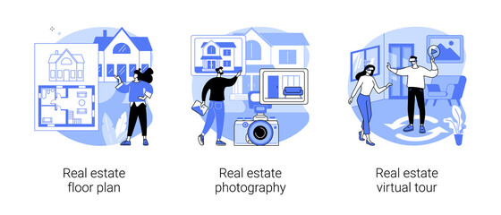 House listing abstract concept vector illustration set. Real estate floor plan, house photography and virtual tour, virtual staging, realty agency advertisement, video walk-through abstract metaphor.