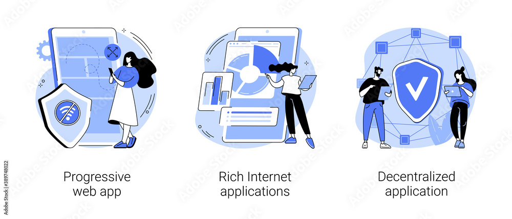 Poster mobile app development abstract concept vector illustration set. progressive web app, rich internet 