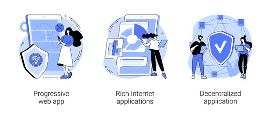 Mobile app development abstract concept vector illustration set. Progressive web app, rich Internet and decentralized applications, open source platform, user interaction design abstract metaphor.