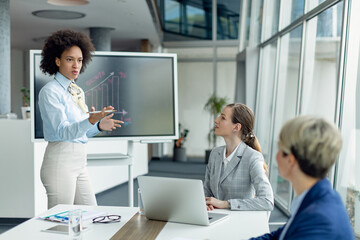 African American businesswoman giving a presentation to female colleagues in the office.