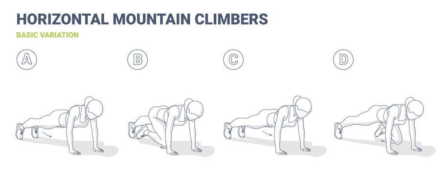 Mountain Climbers Home Workout Woman Exercise Guide Black and White Illustration.