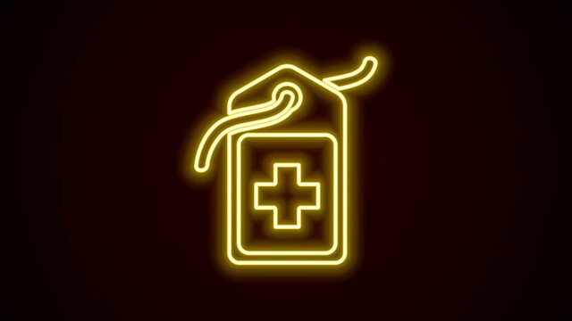 Glowing neon line Cross hospital medical tag icon isolated on black background. First aid. Diagnostics symbol. Medicine and pharmacy sign. 4K Video motion graphic animation