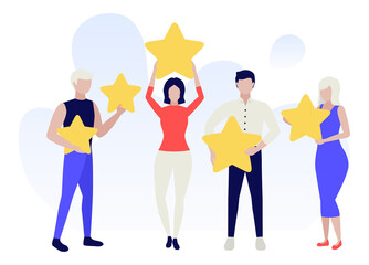 People hold yellow rating stars. Users and client users rate the product. Star rating. Character on white background. Color vector illustration
