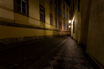 Fototapeta na wymiar light from street lights and a paved sidewalk made of cobblestones in a street in the old town of prague at night