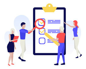 Successful completion of business tasks and goals achievements. People creating plan and checking. People fill out a form. Check list illustration. Human characters on white background.