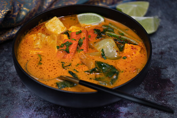 Vegan thai red curry with carrot, tofu and bock choy in black bowl, close up