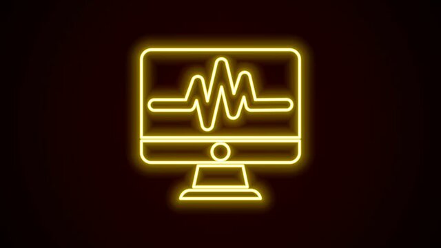 Glowing neon line Computer monitor with cardiogram icon isolated on black background. Monitoring icon. ECG monitor with heart beat hand drawn. 4K Video motion graphic animation