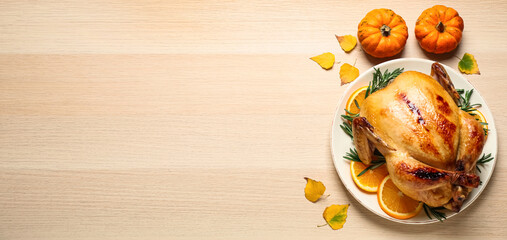 Happy Thanksgiving Day, banner design. Traditional cooked turkey and autumn decor on wooden table,...