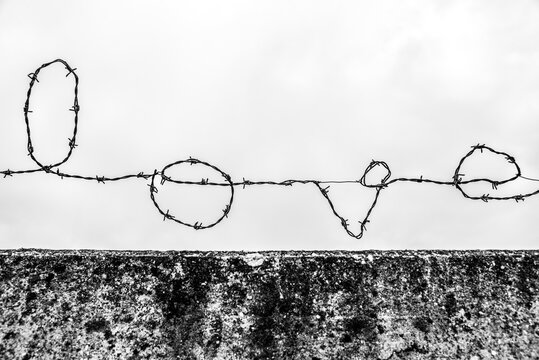 A black and white image of barbed wire formed into the word 'love'.