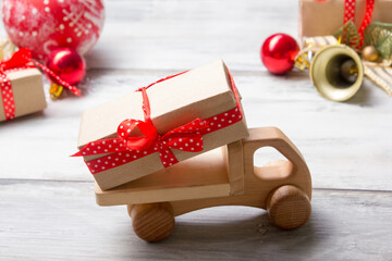 Christmas decoration background. Christmas tree and holidays ornament. Copy space