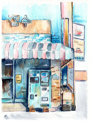 watercolor sketch of a little korean shop with korean sign "shop", with signs "food" and "tasty cakes" and with water vending machine