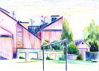 Colored pencils sketch of colorful pink  old houses' facades, garage and trees