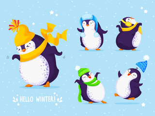 Vector set of cute dancing penguins. Different winter hats and various poses. Blue blackground with snowflakes and stars.